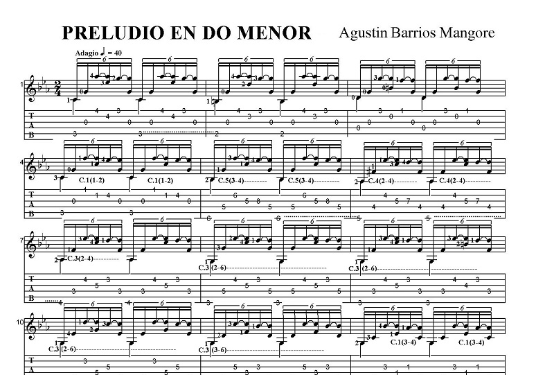 タブ譜付き楽譜 アグスティン・バリオス＝マンゴレ 前奏曲ハ短調 Sheet