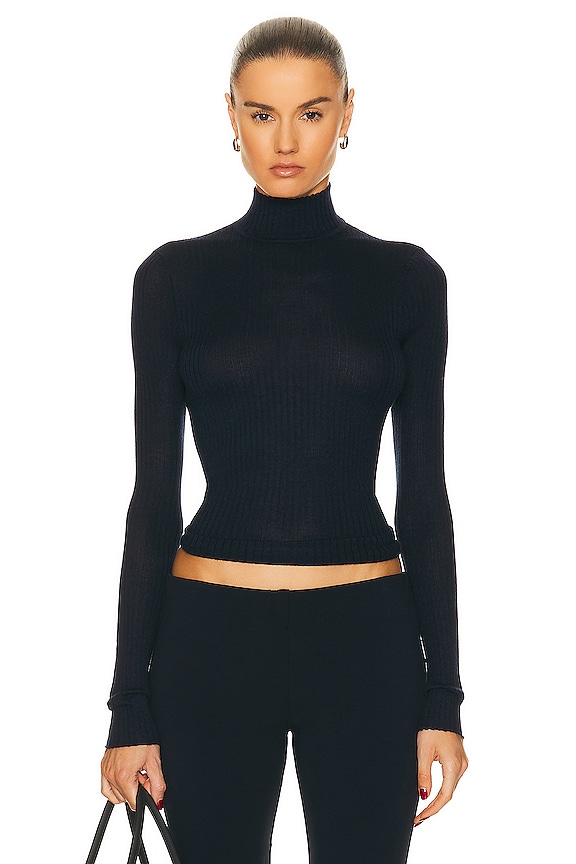 Norma Kamali Cropped Slim Fit Long Sleeve Turtleneck Top in Black