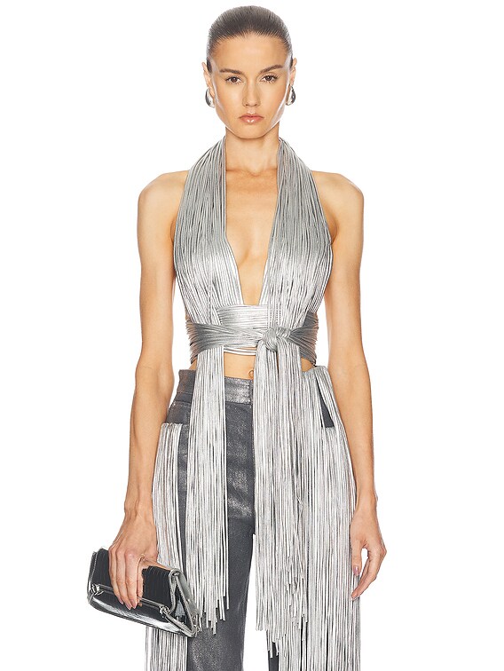 AREA Metallic Fringe Halter Top in Silver | FWRD