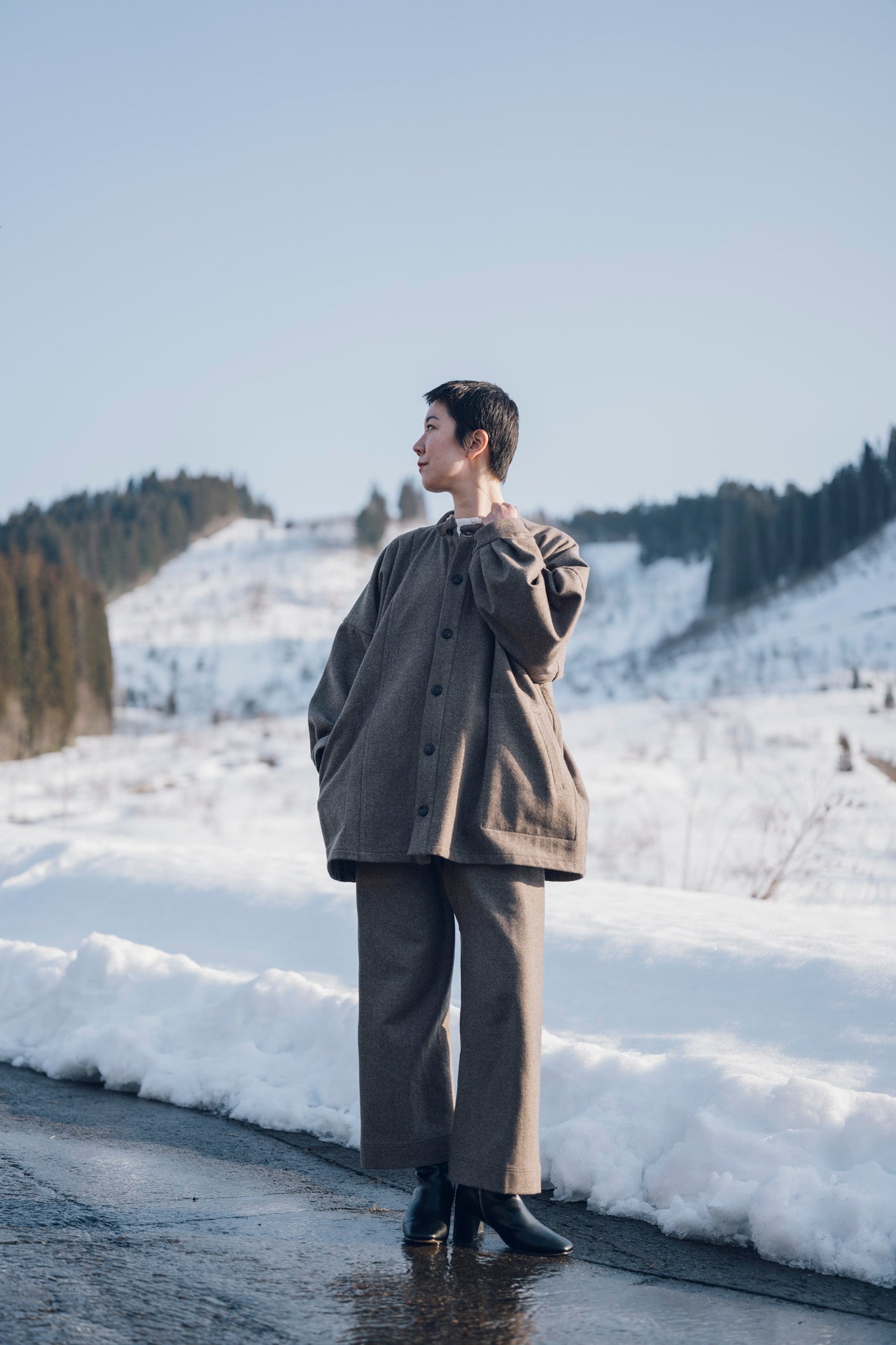 越前ハーフコート］ウール(ブラックメリノ)/ブラウン