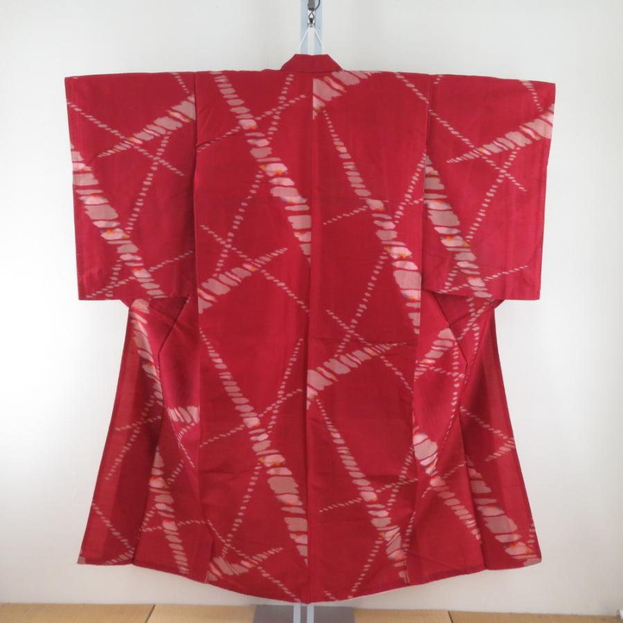 小紋 アンティーク銘仙 銘仙着物 裏地紅絹 袷 朱色x黄色 幾何学柄