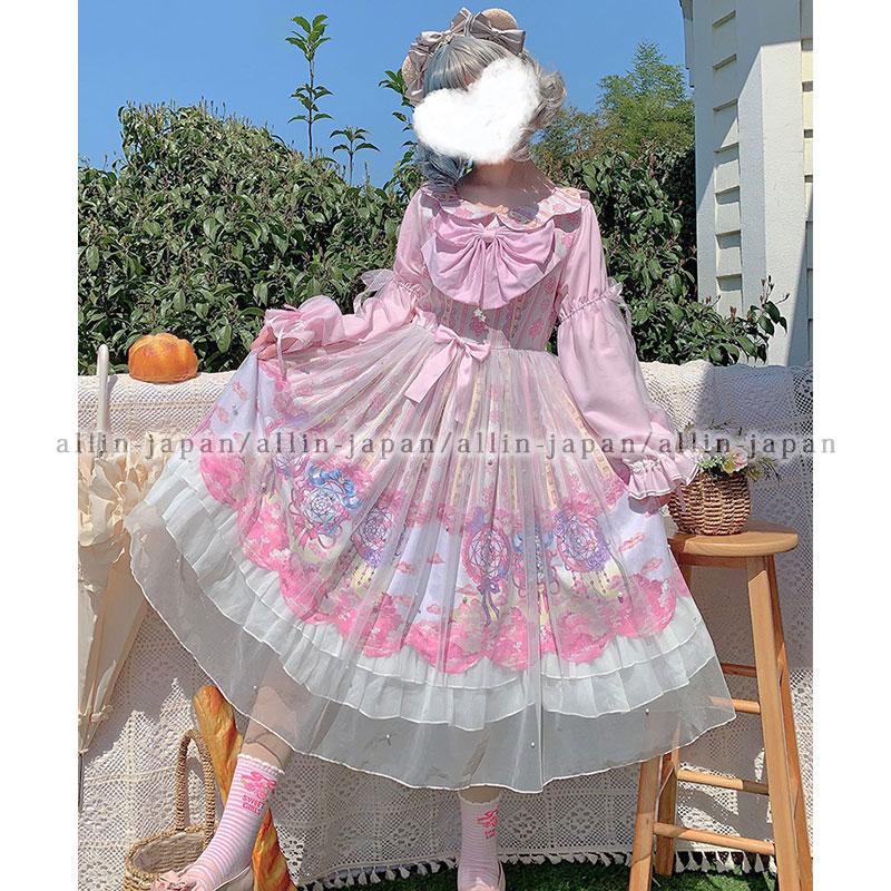 ロリータワンピース 長袖 ヘアアクセサリー付き lolita 甘ロリ リボン
