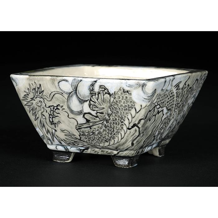 盆栽鉢 「春雪墨絵龍図正方鉢」 植木鉢 絵付 シュンセツ 磁器 3号 8cm