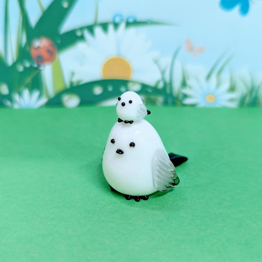 ガラス細工 シマエナガ親子（グレー）ミニチュア 雑貨 置物 小物 鳥