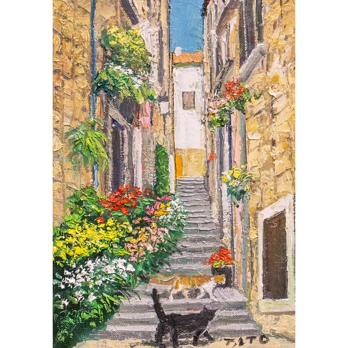 伊東拓実 「 猫のいる階段 」 油絵 ・ 油彩画 SM ( サムホール ) 絵画