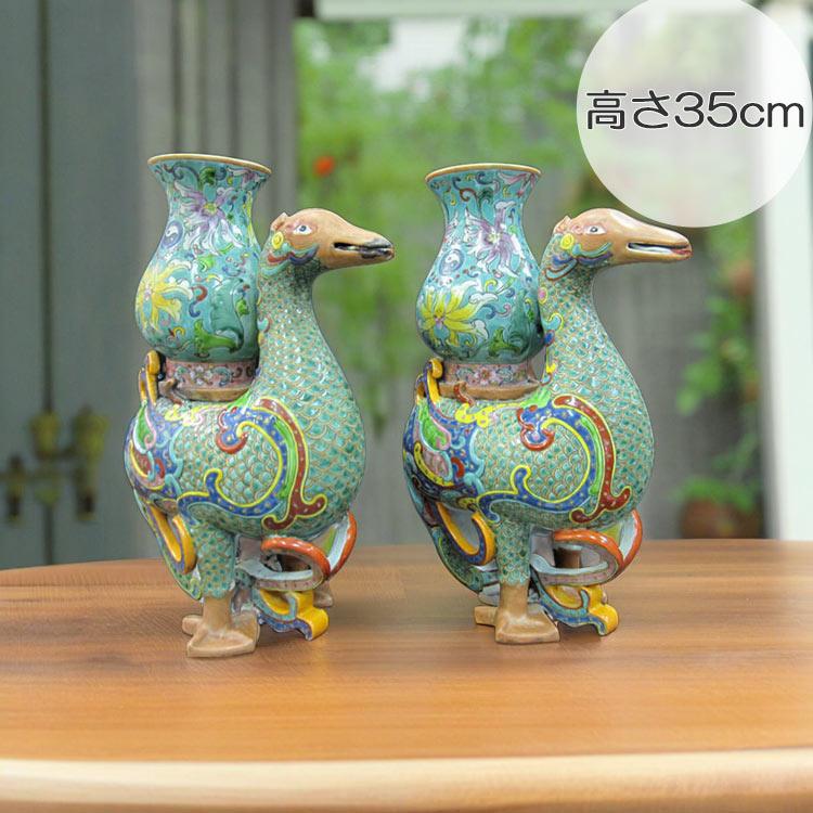 景徳鎮 十錦 動物飾り壺（1対） 高さ約35cm 中国 陶磁器 花瓶 オブジェ