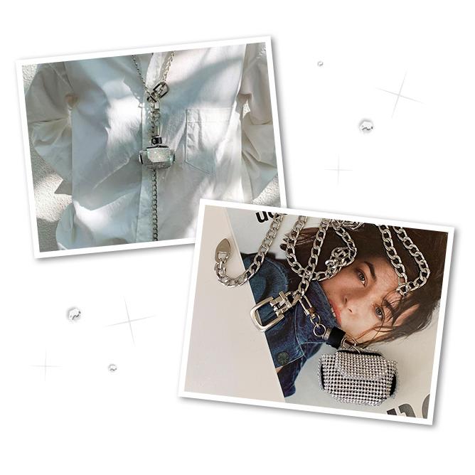 チェーンベルト ミニポーチ付き ネックレス ラインストーン シルバー