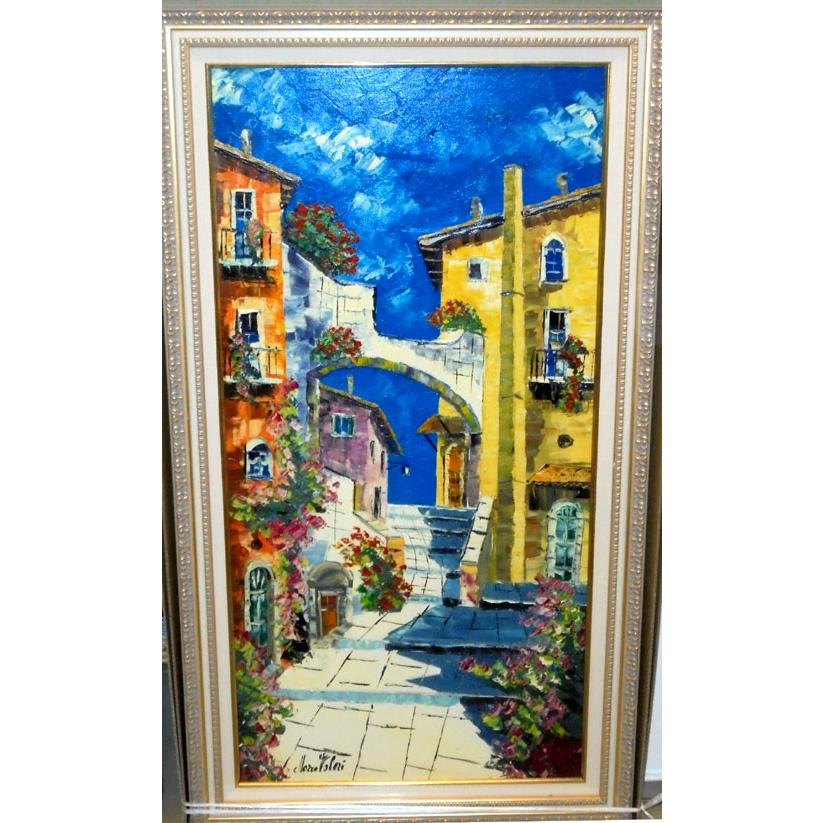 油絵 絵画 マルコ 作 「イタリア風景・アヴルッツォの古い街