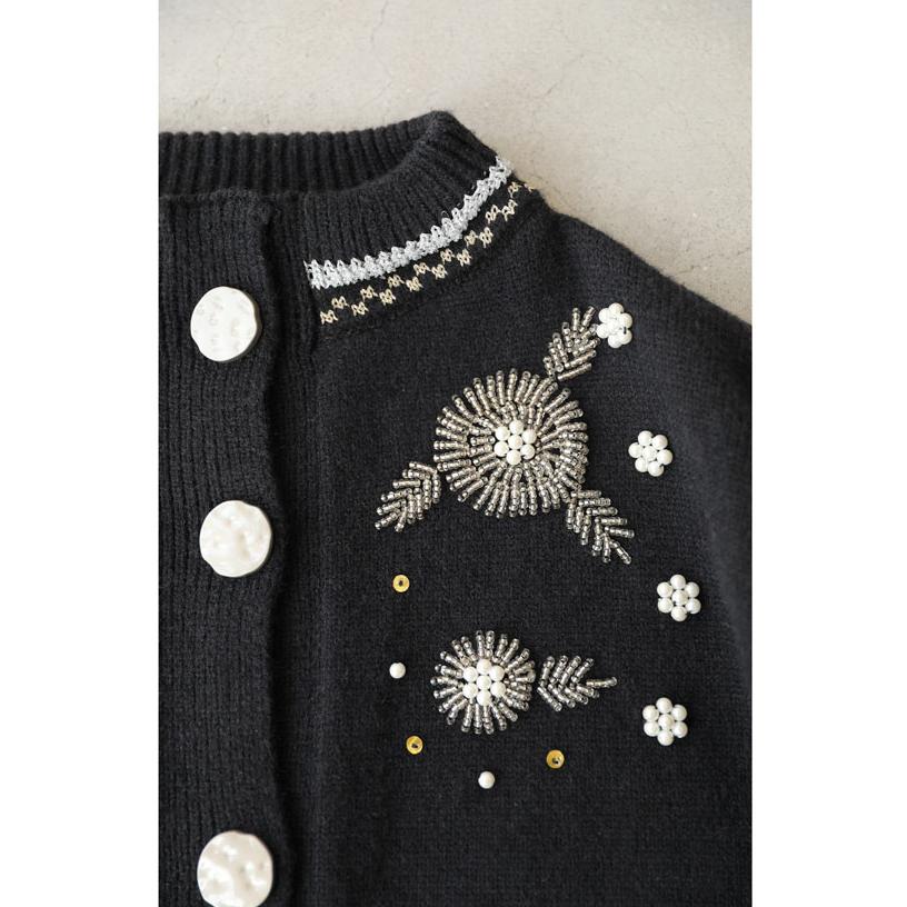 Sから3L対応 黒 ビーズとビジューで描く花のニットカーディガン