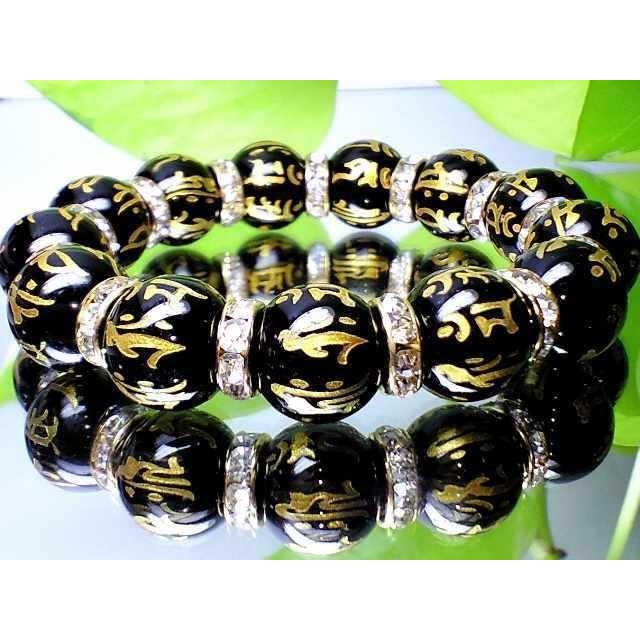 天然石 数珠ブレスレット 七種梵字黒瑪瑙高級オニキス14ミリオラオラ