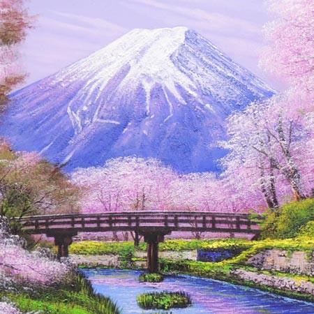 絵画 油絵 忍野富士に桜 （木村由記夫） 【肉筆】【油絵】【桜絵