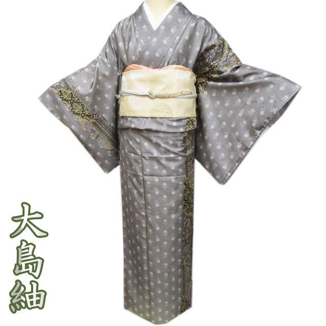 大島紬 着物 中古 正絹 袷 セミフォーマル 二代目 更甚 菱模様 花模様