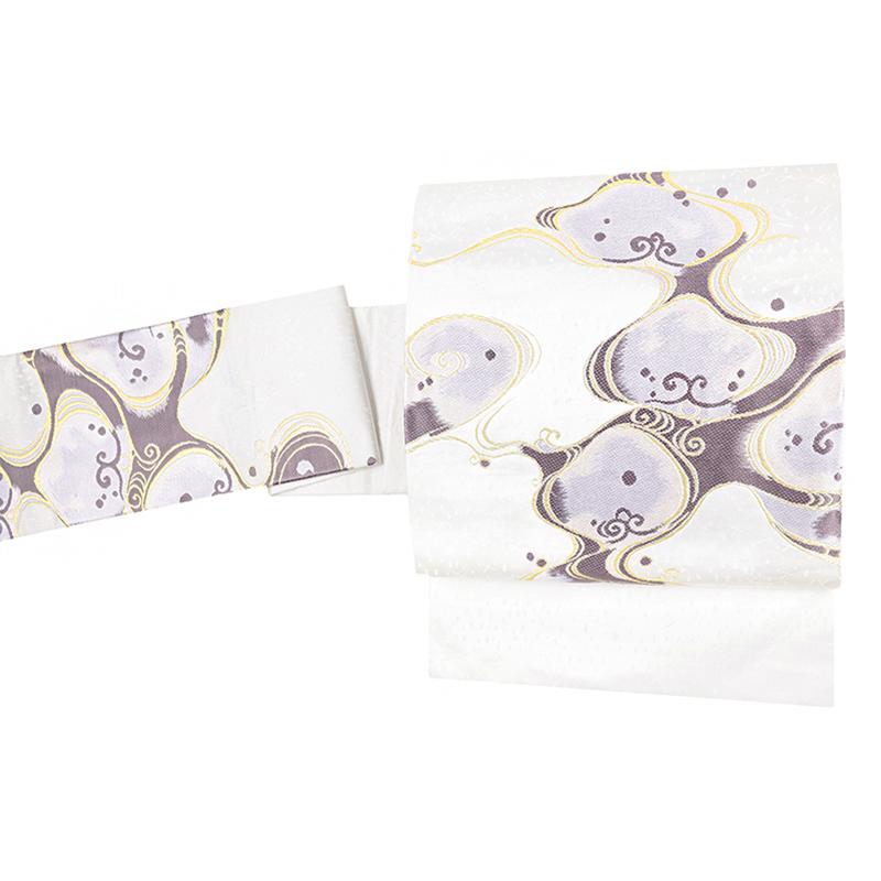 山口美術織物 九寸名古屋帯 唐織 琳派切金流水文 流水 波 白 渋紫 金糸