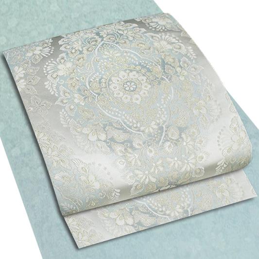 袋帯 唐織 正絹 洛陽織物 西陣織 白銀地 立枠 宝彩文 唐草 金糸 未