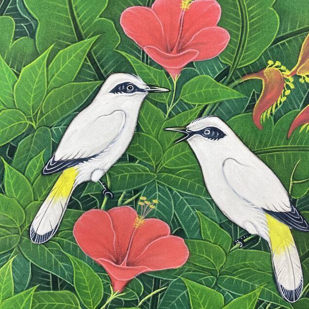 バリ絵画 ブンゴセカン 鳥の絵 ハイビスカス 赤 2柄 W43×H53cm バリ