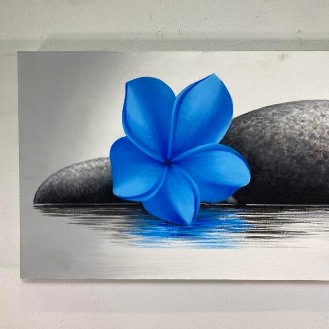 バリ島の絵画 プルメリア 青 ストーン フレームなし W90×H40cm 花の絵