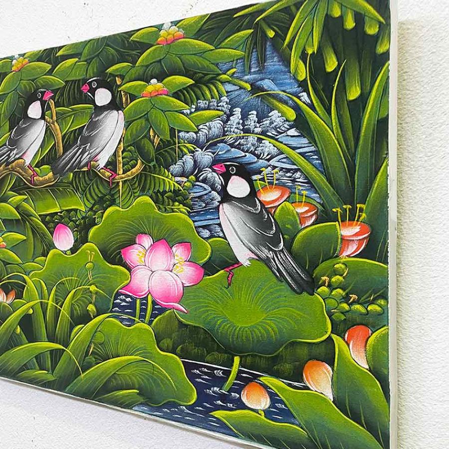 バリ絵画 鳥の絵 3羽 小鳥 白サギ W40×H30cm ブンゴセカン 癒し 花鳥