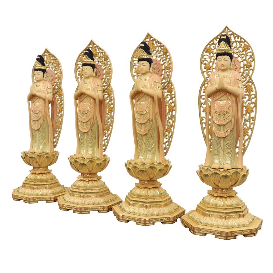 仏像 四菩薩 身丈7寸 総高40cm 草光背 八角台 桧木淡彩色 : 栗田