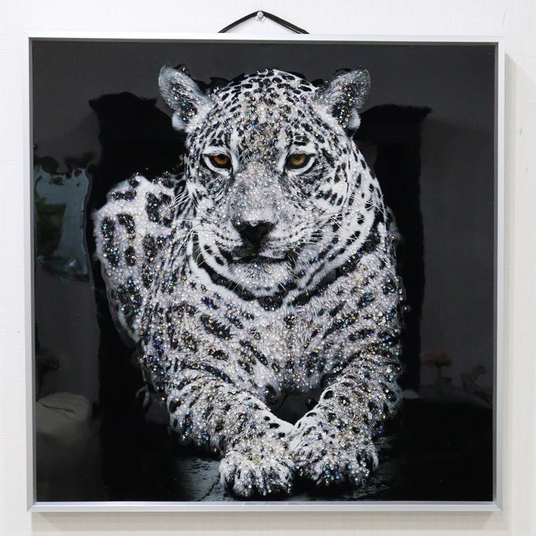 アートフレーム スノーパンサー/雪豹 絵画 キラキラアート ホワイト