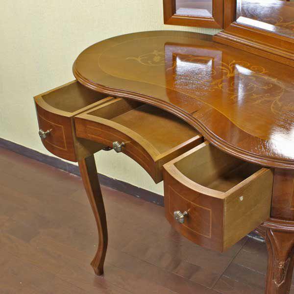 イタリア 3面鏡付きドレッサーデスク 猫脚 鏡台 象嵌 三面鏡ドレッサー