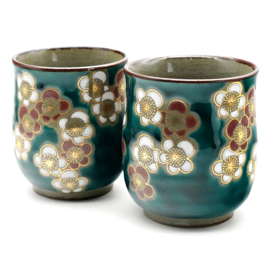 九谷焼 美山窯組湯呑み（夫婦湯呑）グリーン紅白梅05-145 [取り寄せ