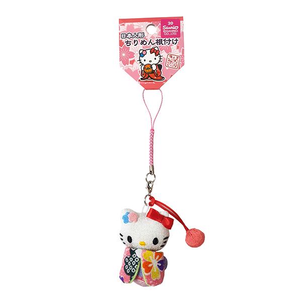 ハローキティ はろうきてぃ日本人形 ちりめん根付け ピンク（玉飾り