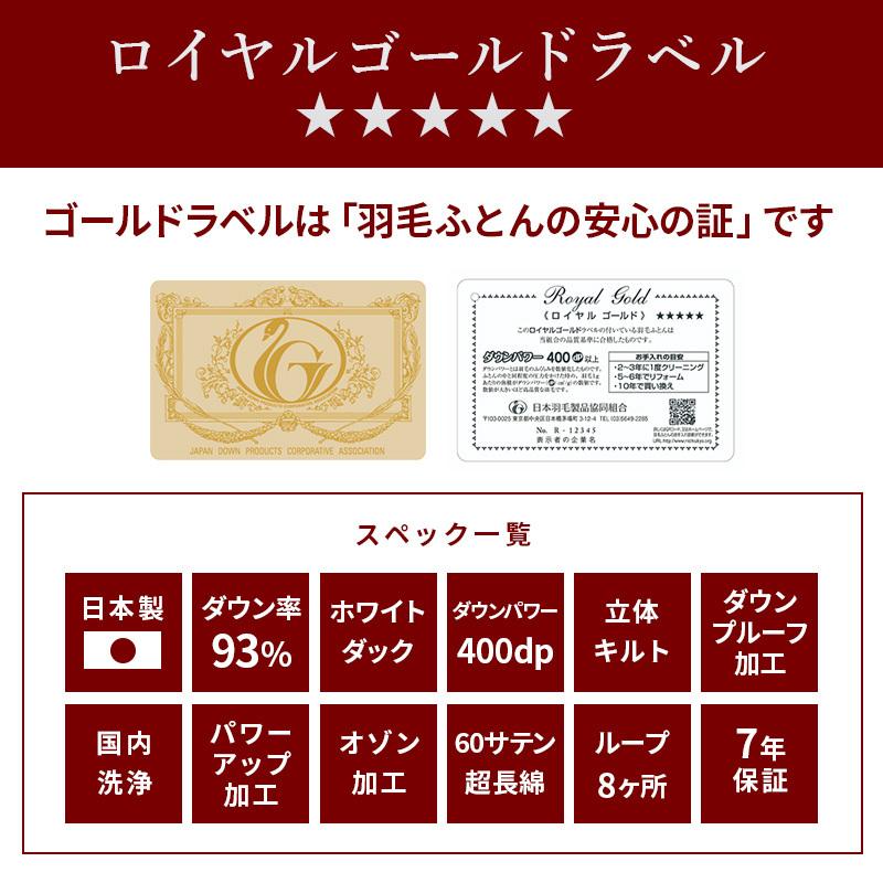 羽毛肌掛け布団 シングル ロイヤルゴールドラベル 93 ロング 冬用 羽毛