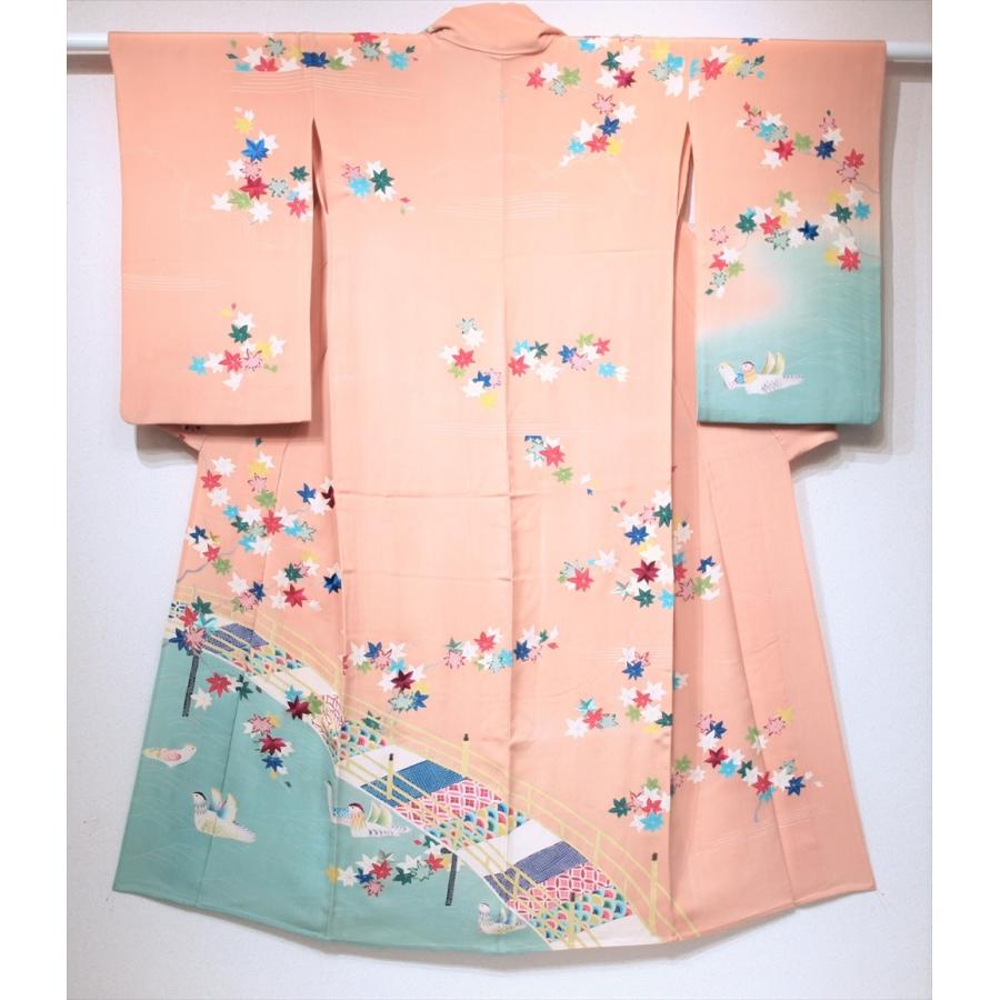 アンティーク着物 訪問着 単衣 楓 紅葉 竜田川 刺繍紋 橋 ベージュ