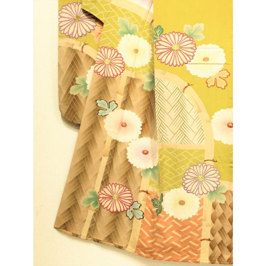 アンティーク着物 振袖 菊 垣根 刺繍 鶸色 美品 レトロ 大正ロマン