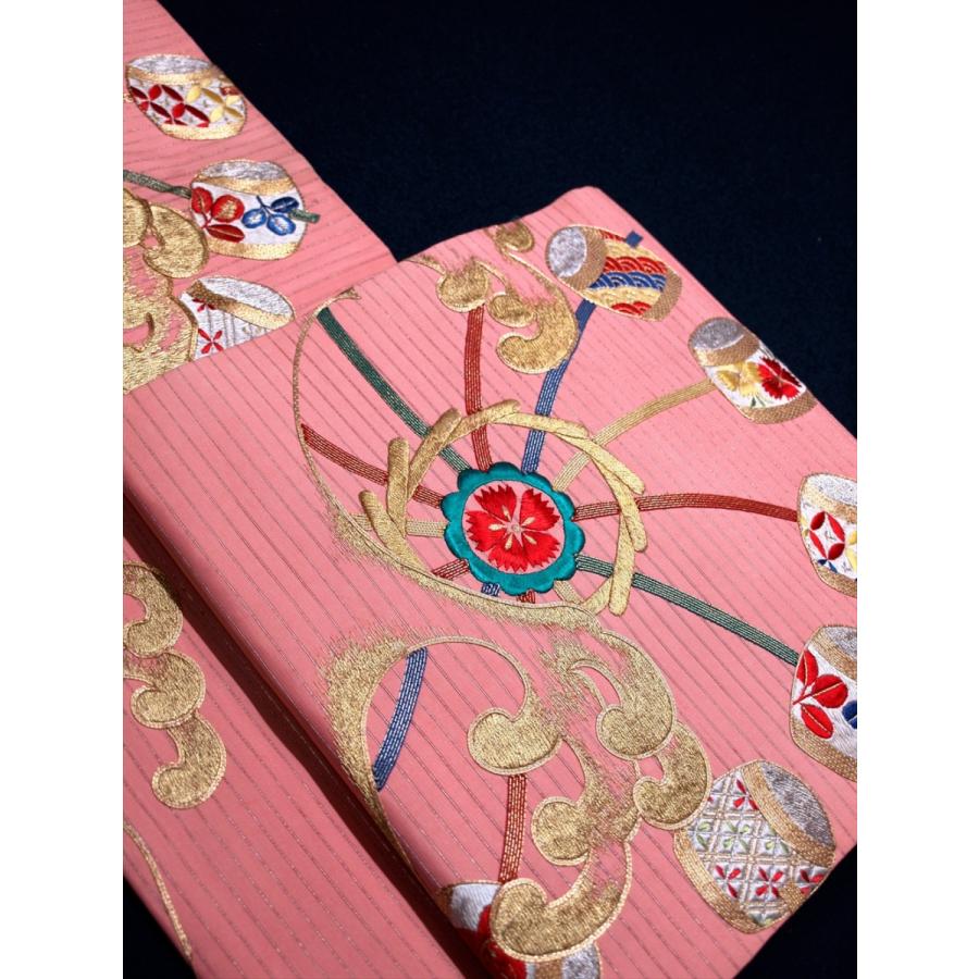 アンティーク帯 袋帯 絽 夏帯 水車 波 ピンク 刺繍 豪華 : 壱の蔵