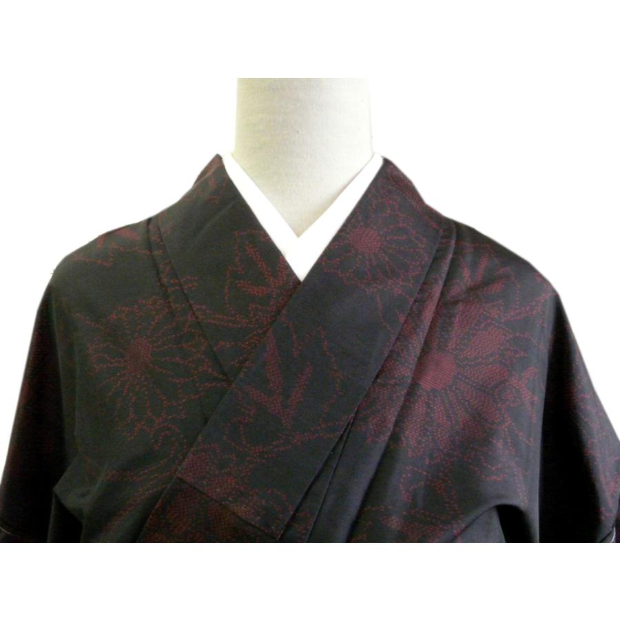 大島紬 仕立上り 黒赤 横双 華文様 バチ衿 着丈165.5cm 裄66cm 198