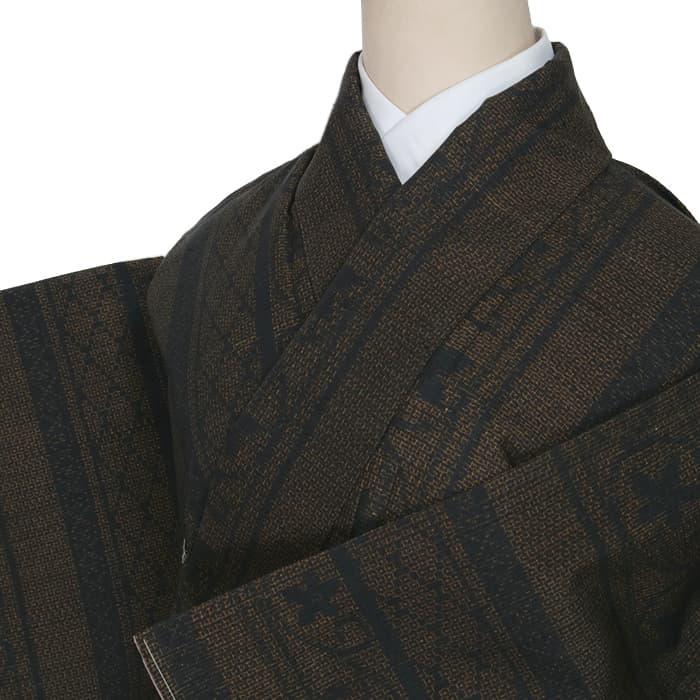 未使用品 紬 結城 真綿紬 リサイクル紬袷 経緯絣 絹 リユース着物 黒炭