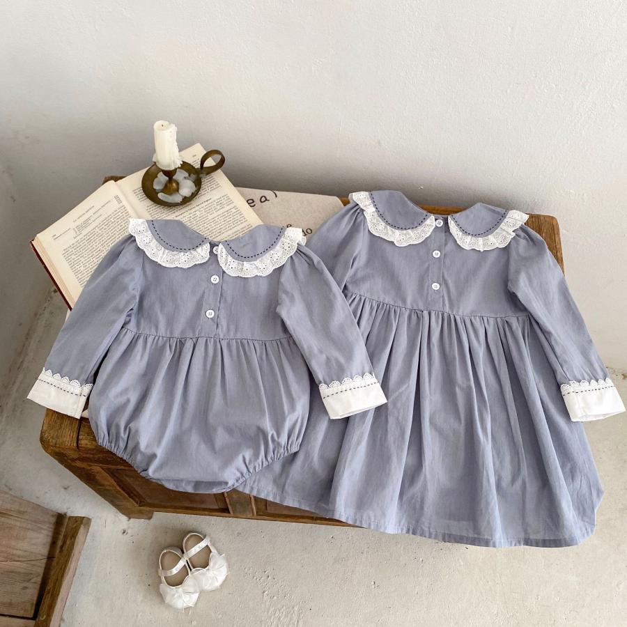 姉妹お揃い ベビーレース襟付き 長袖ロンパース ワンピース セット