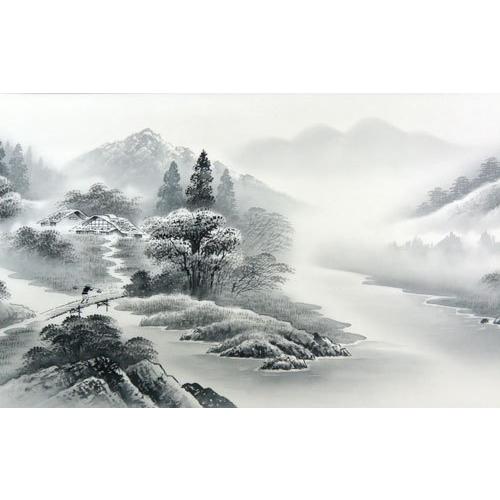 欄間額 扁額 横額 肉筆 水墨山水 田島忠信画 縦47.3cm×横123.8cm（4尺