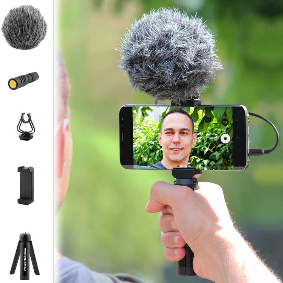 PowerDeWise ビデオマイクキット 高性能 コンデンサーマイク 黒 風防