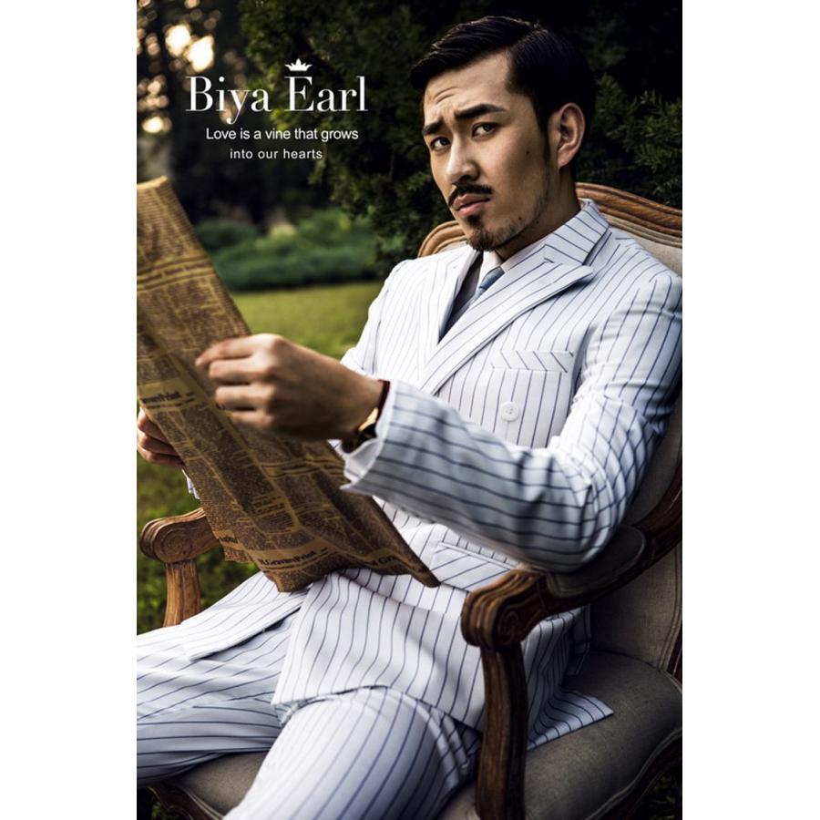 白 ストライプ ドレススーツ男性ダブルブレストメンズ 2 ピースセット