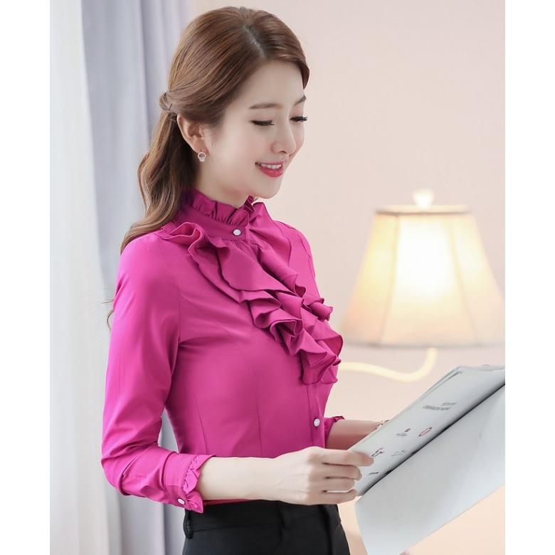 ブラウス シャツ トップス レディース 長袖 立ち襟 フリル スタンド