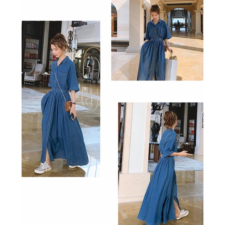 デニムワンピース ロング ワンピース レディース 半袖 デニムシャツ