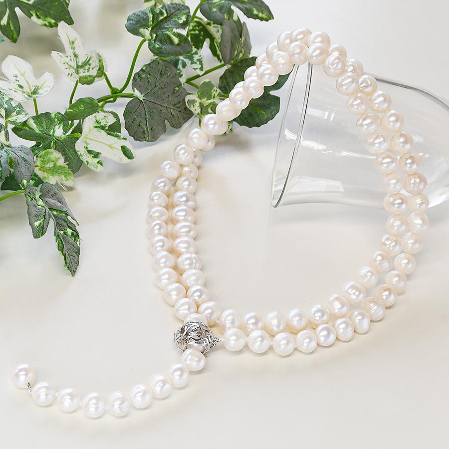 9-11mm 淡水真珠 90cm ロングネックレス Y字 2連 自由自在 パックマン