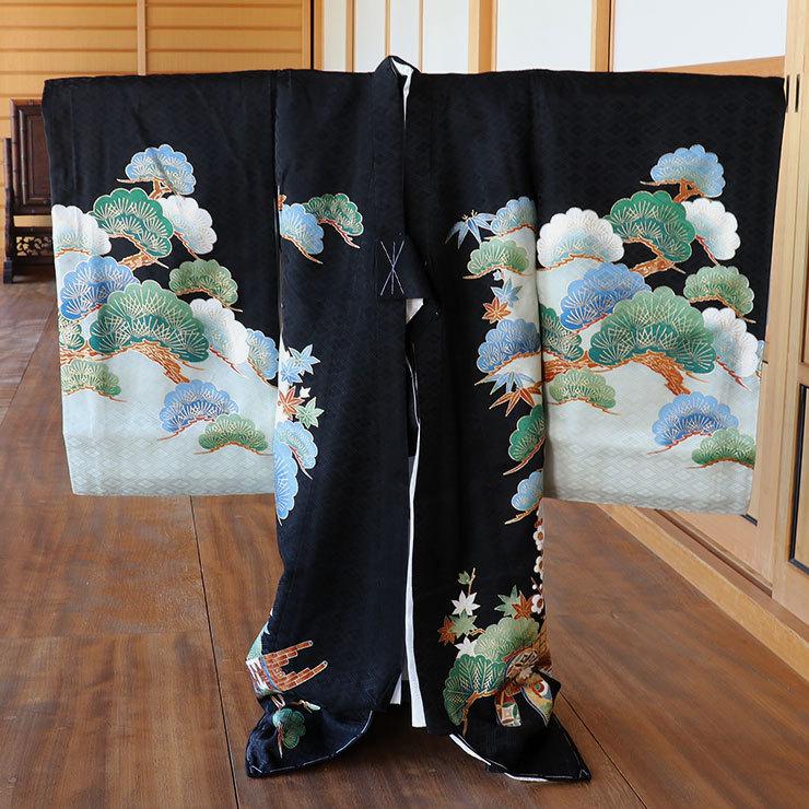 お宮参り 男の子 初着 産着 兜に打ち出の小槌 黒色 正絹 一つ身 大兜