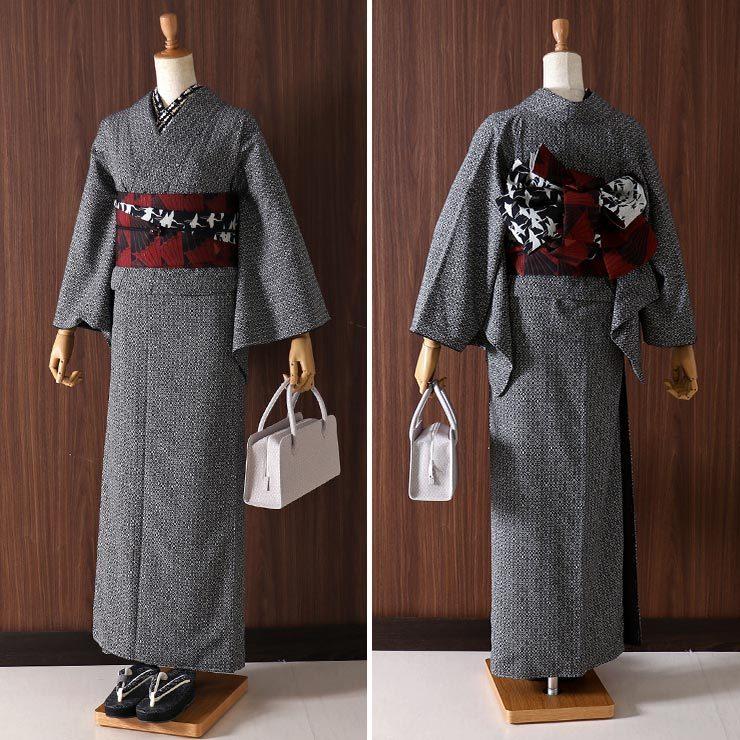 洗える着物 江戸小紋 袷 レディース 段違い市松 黒 M L サイズ 日本製