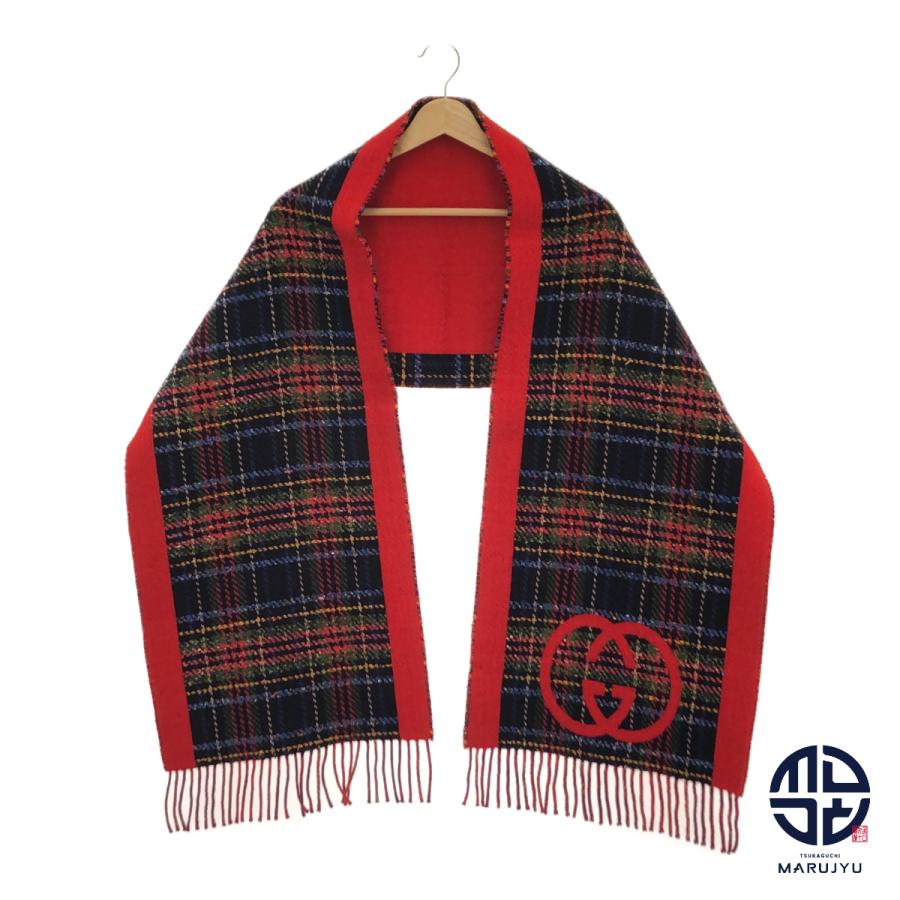 GUCCI グッチ GGマーク入り 赤系 レッド チェック柄 674261 マフラー