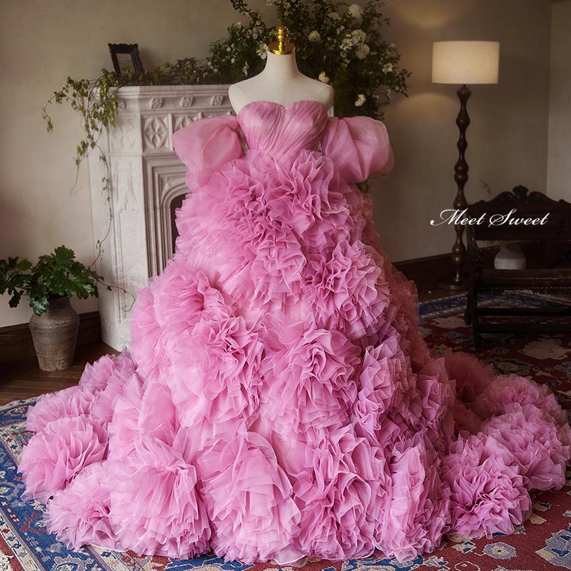 カラードレス プリンセスライン ピンク フリル ロングドレス