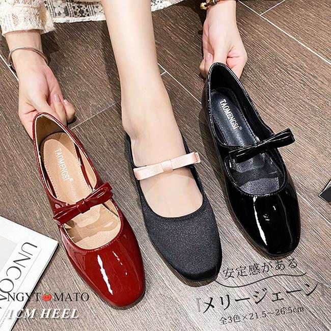 メリージェーンパンプス リボン コーンヒール パンプス スクエアト ゥ