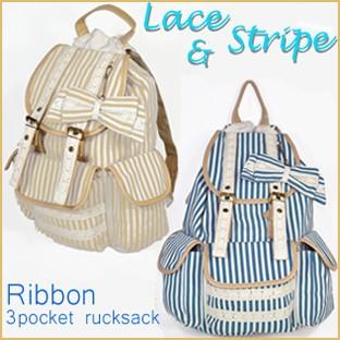 A646送料無料レースリボンのストライプスリーポケットリュック リボン