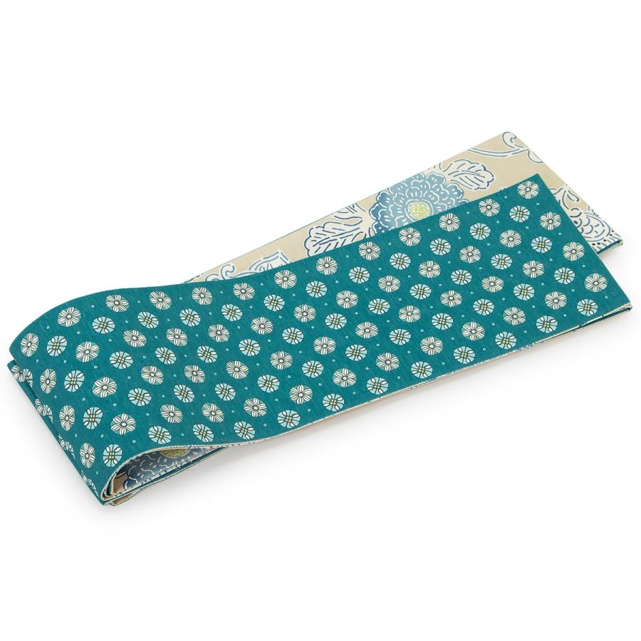 半幅帯 正絹 モダン WA・KKA ベージュ 藍 青緑 花唐草 更紗 丸文 花文