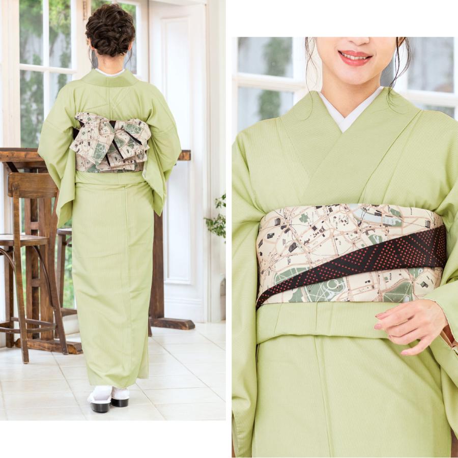 洗える着物 単衣 袷 黄緑色 イエローグリーン 万筋 縞 ストライプ