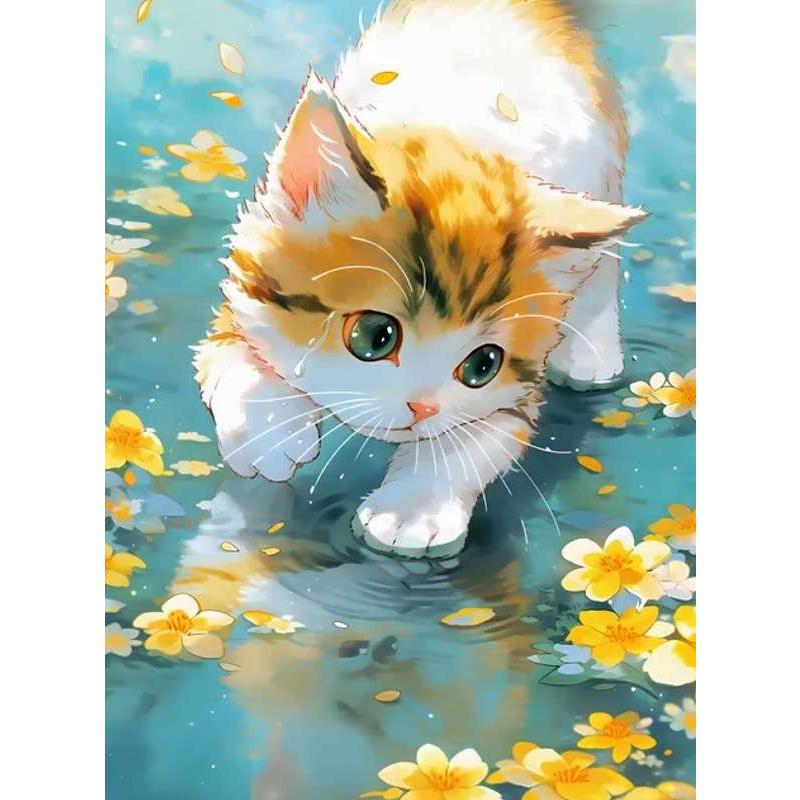 ダイヤモンドアート セット 四角ビーズ 水面の猫 ダイアモンドアート