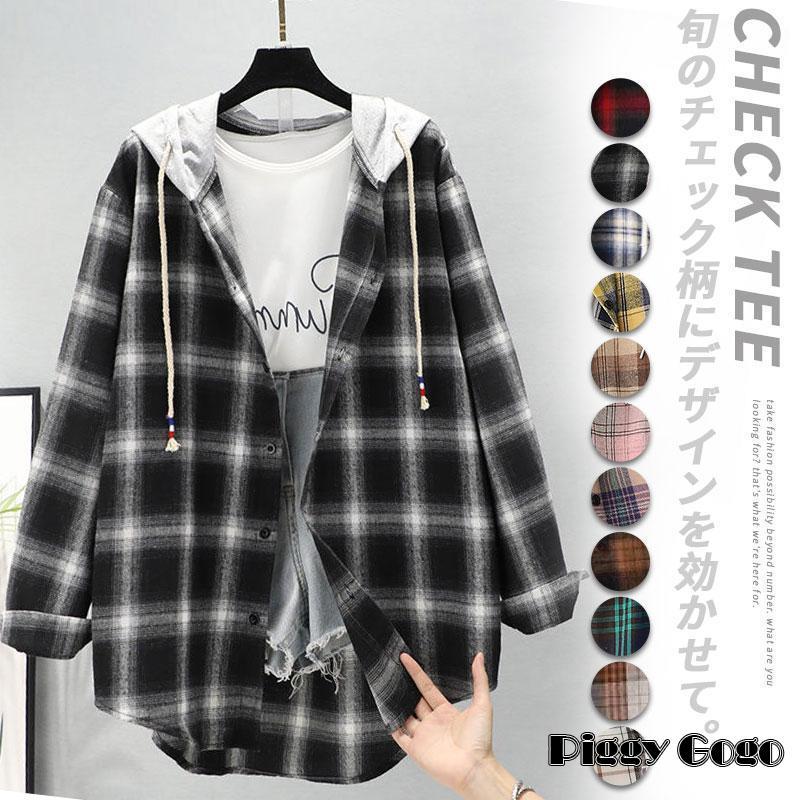 チェックシャツ レディース 長袖 チェック フード付き シャツ ポケット