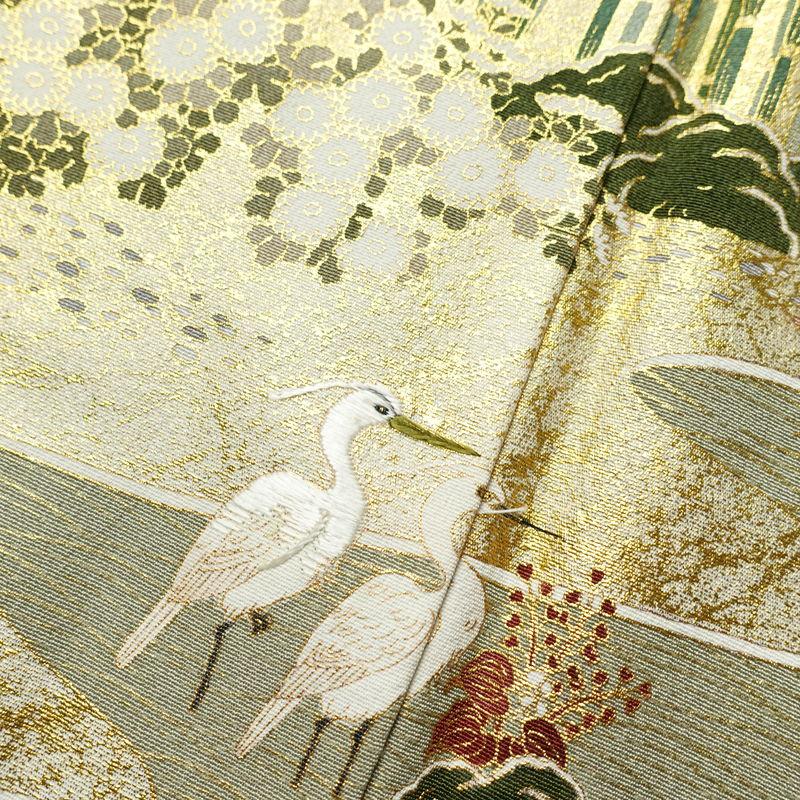 中古 色留袖 松尾光琳 木賊鷺 落款入り 一つ紋付き 縮緬 正絹 古典柄